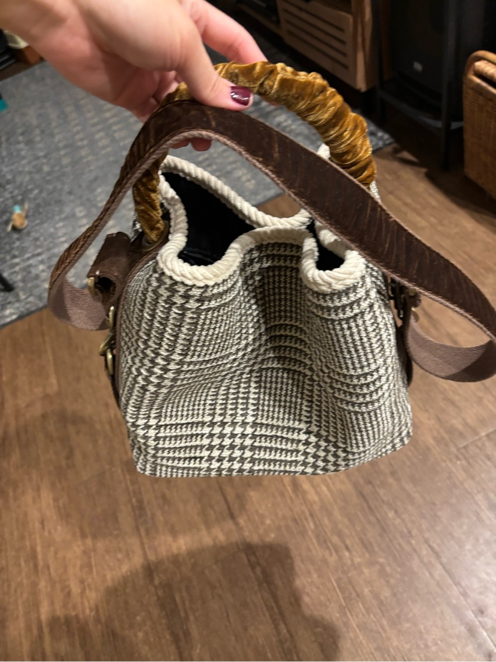 Woven Plaid Bucket Handbag with Brown Leather Trim